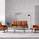 بيلا كنب استقبال مكتبي ثلاثي جلد فاخر برتقالي وودي