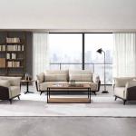 جولز كنب استقبال مكتبي ثلاثي جلد فاخر بيج مع بني وودي